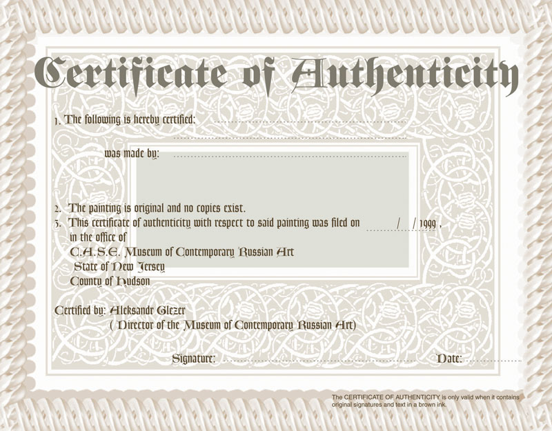 Certificate of Authenticity for Museum